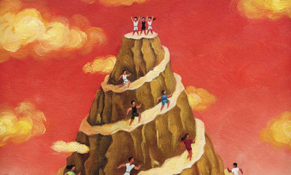 illustration of people running up a mountain