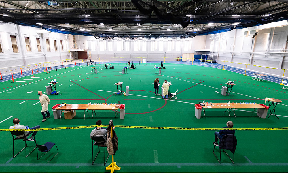 photo of the field house in the GAC set up for rapid covid testing