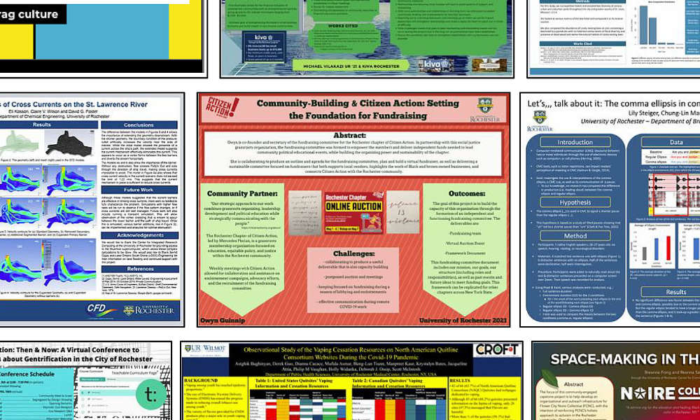 Array of nine research posters.