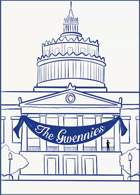 logo illustration with The Gwennies banner draped over Rush Rhees Library.