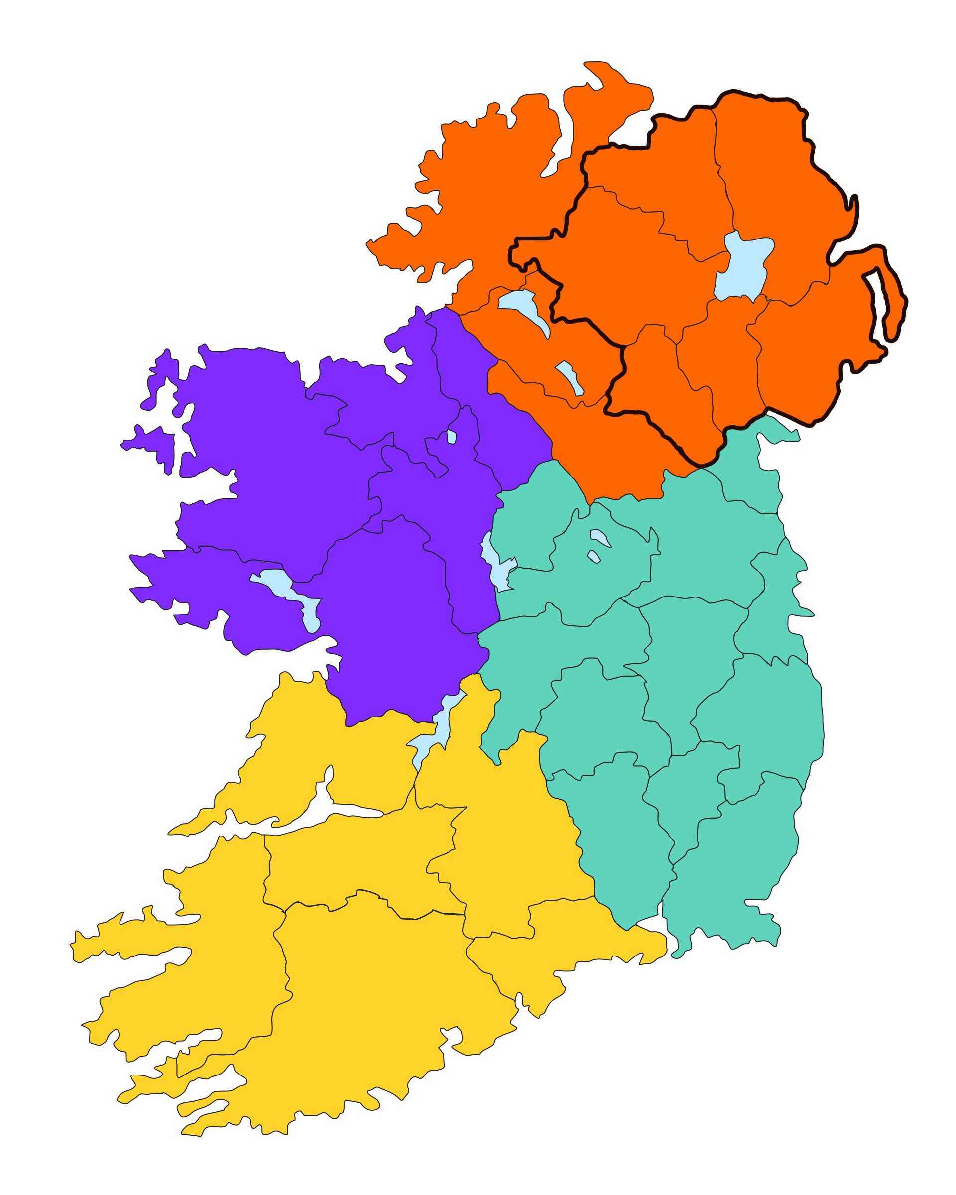 Map of four provinces of Ireland and Northern Ireland.