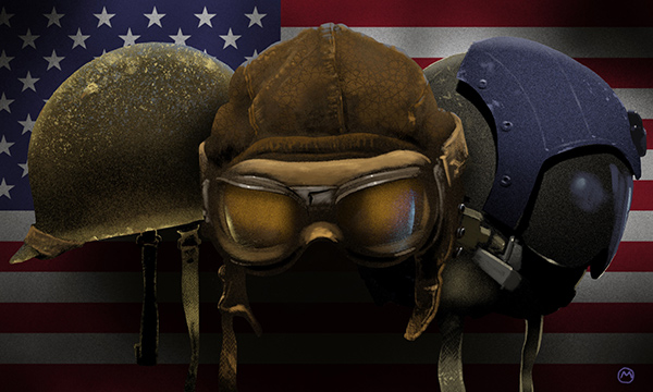 illustration of three armed services helmets in front of an American flag.
