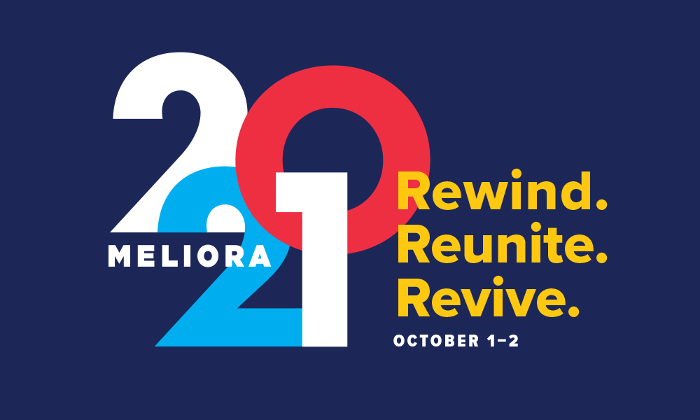 Meliora 2021 written in red, white, and blue alongside the words Rewind. Reunite. Revive. and the date.