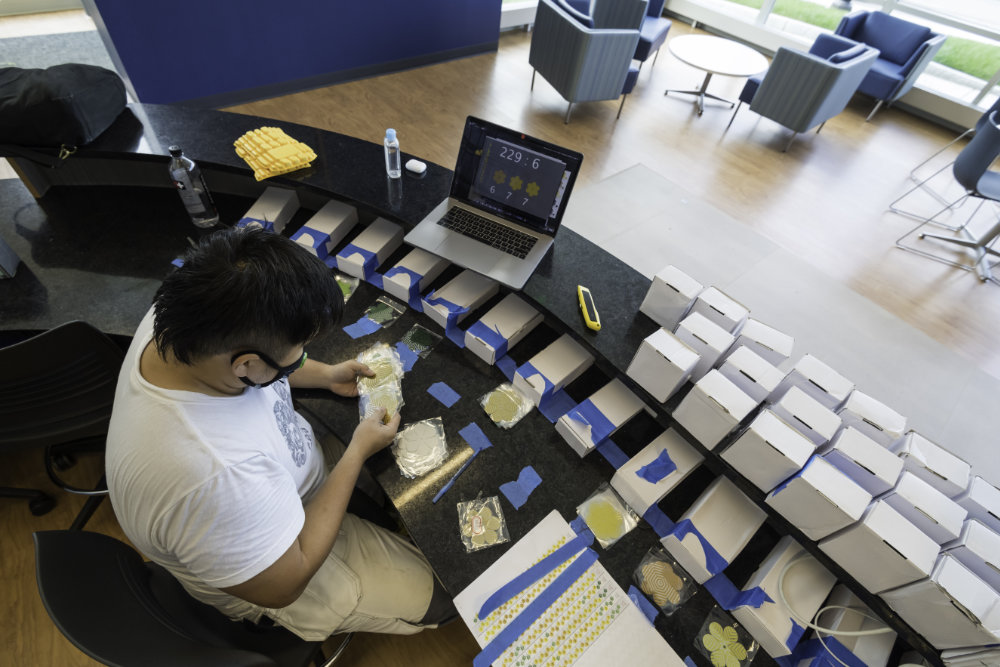 Overhead shot of Jay Yan sorting individually packaged pieces with a master plan displayed on a laptop.