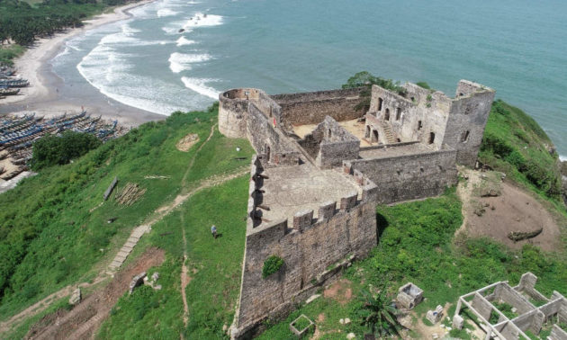 Aerial view of Fort Amsterdam on the coast of Ghana.