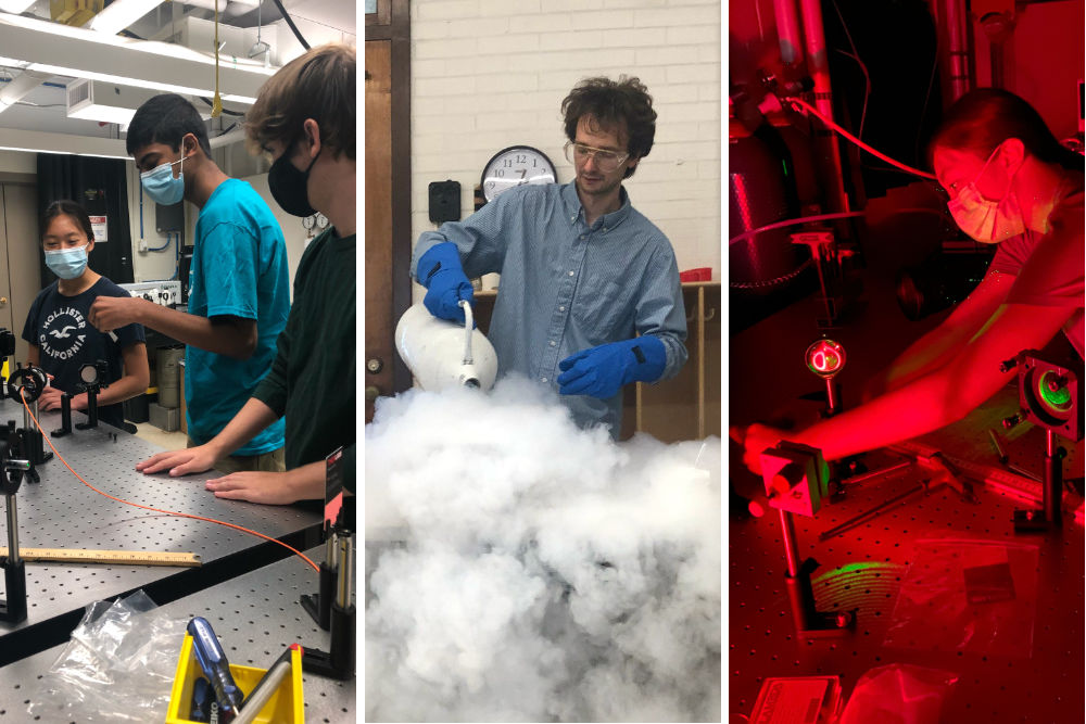 Triptych featuring three masked students at a lab workbench; a graduate student surrounded by liquid nitrogen smoke; and a masked high school student awash in red light as she adjusts lasers and lenses.