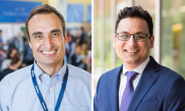 Side-by-side smiling portraits of Ray Dorsey and Ehsan Hoque.