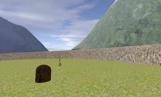 screen grab of a virtual reality environment showing an enclosed meadow with a flower, mountains, blue skies, and white clouds.