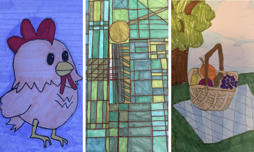 Triptych of hand-drawn greeting cards that shows a chicken, stained glass, and a picnic.