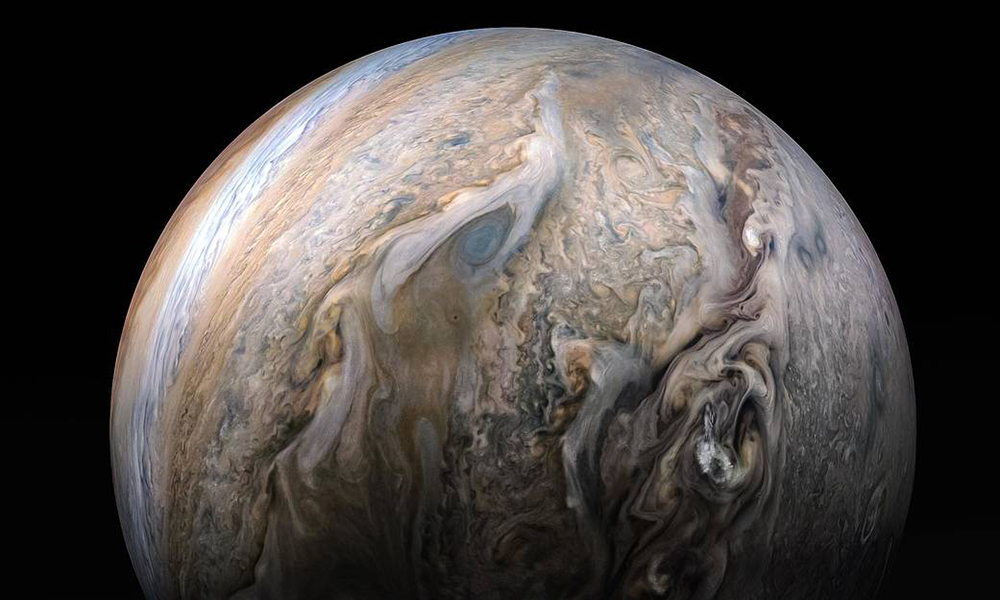 Stormy swirls over Jupiter's northern hemisphere.