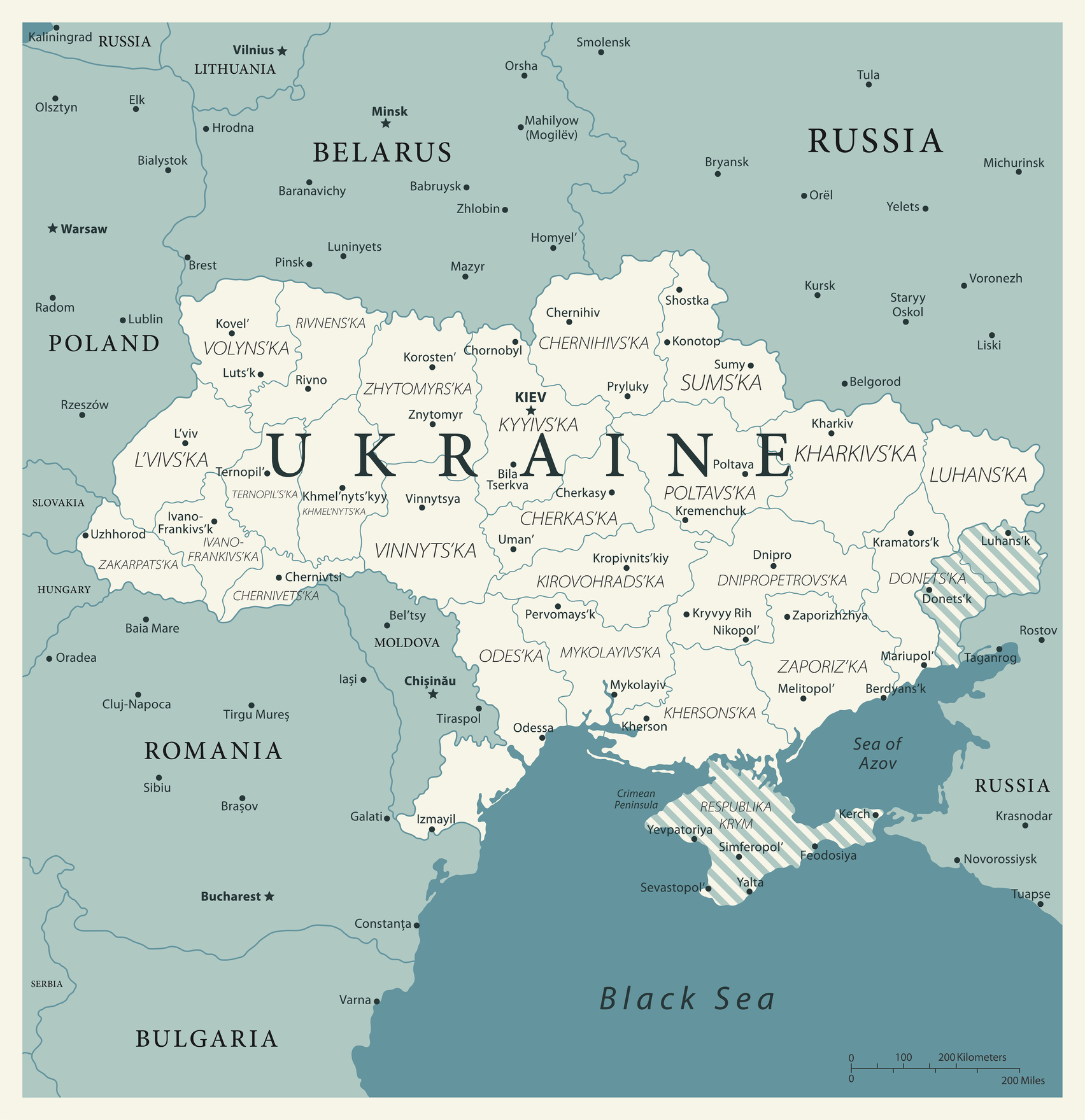 Map of Ukraine and surrounding areas, in which Ukraine is white and Crimea, Luhansk, and Donetsk are shaded.