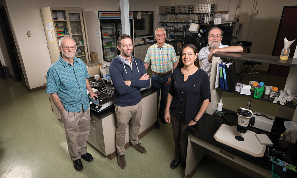Five Rochester biologists stand next to one another in lab.