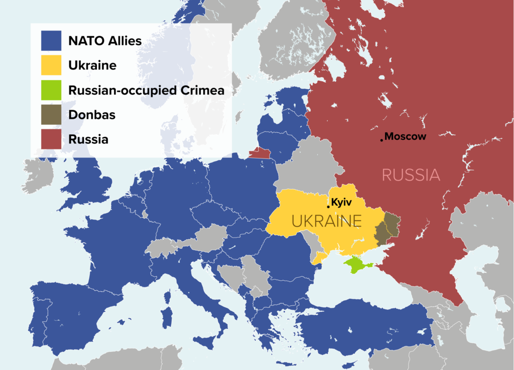 Map showing where Ukraine is, including NATO allies in blue, Ukraine in yellow, Russia in red, the Donbas region in gray, and Russia-occupied Crimea in green.