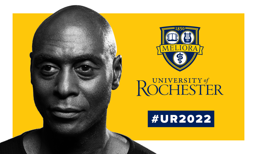 Headshot of Lance Reddick next to the University of Rochester logo and #UR2020 hashtag against a yellow background.