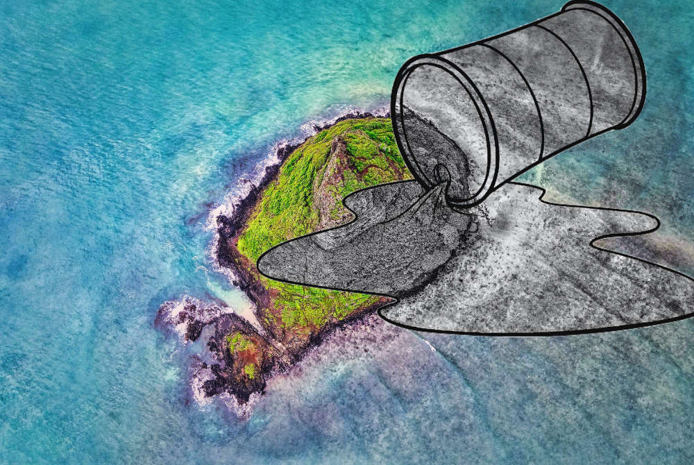 Hawaiian island with clipart applied to show the effects of pollution.