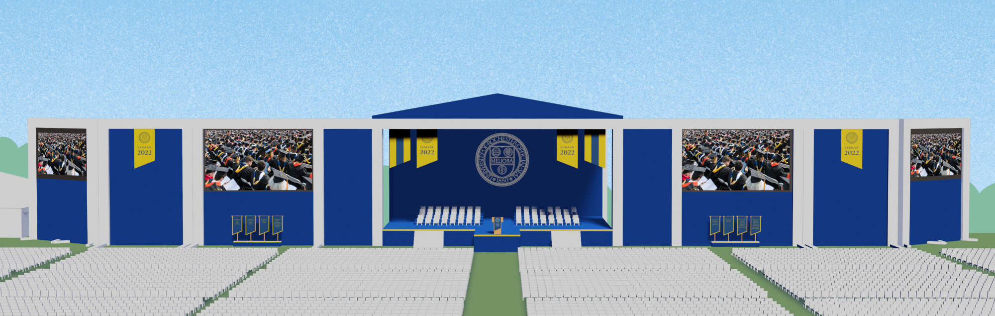 Artist's digital rendering of the commencement stage, screens, and seating.
