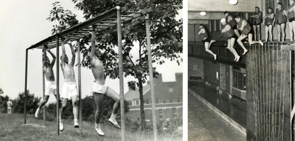 Parallel images of military trainees on monkey bars at left and jumping in pool at right.