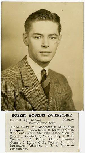 Yearbook photo of Robert Zwierschke in coat and tie. 