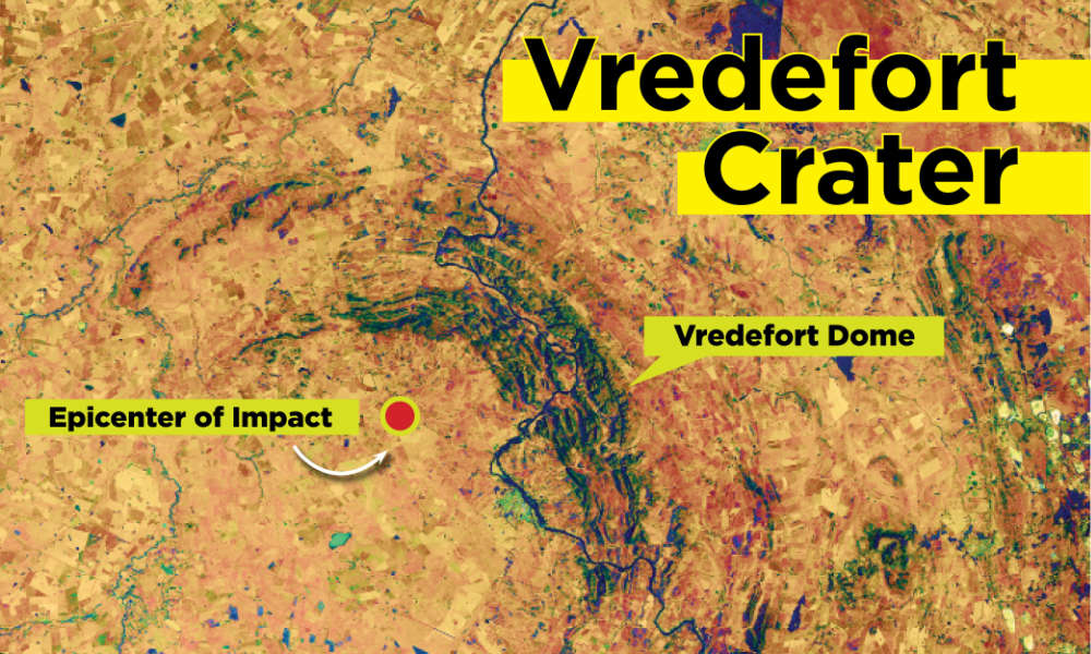 Satellite view of Vredefort crater with the dome and epicenter of impact labeled.