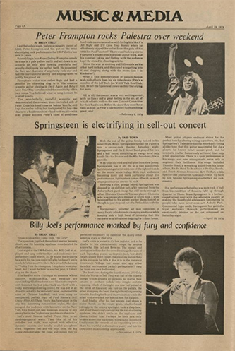 screenshot of a Campus Times newspaper story from 1976 featuring stories and photos from concerts by Peter Frampton, Billy Joel, and Bruce Springsteen.