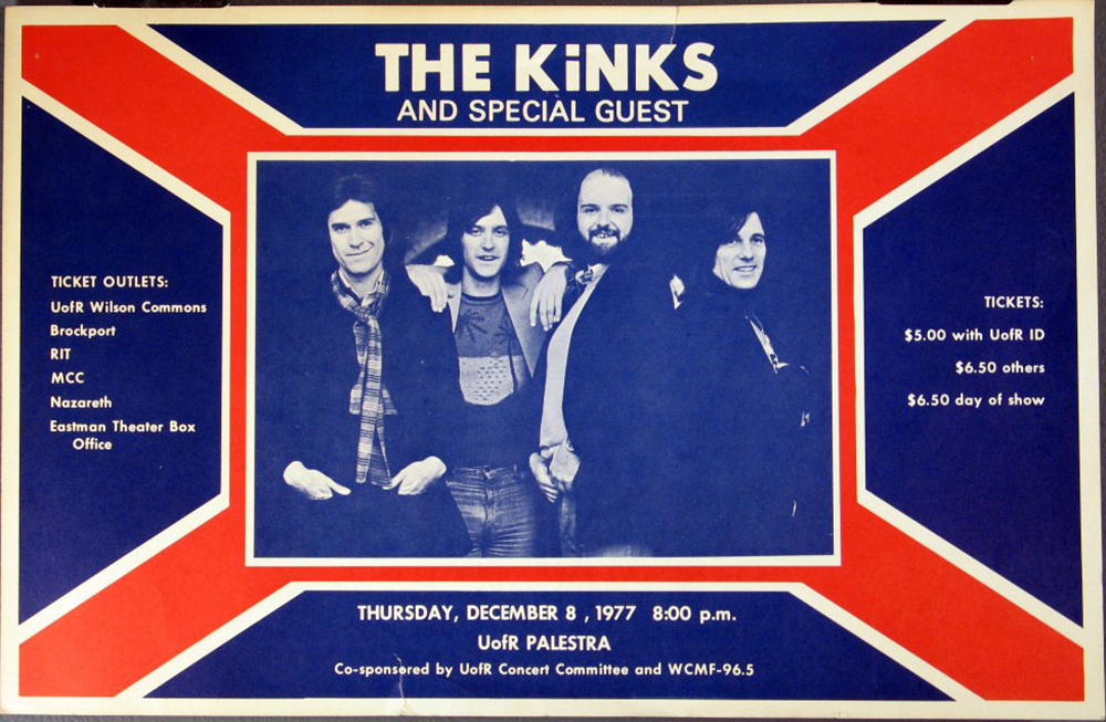 poster for a 1977 Kinks concert features a photo of the band and a Union Jack flag.