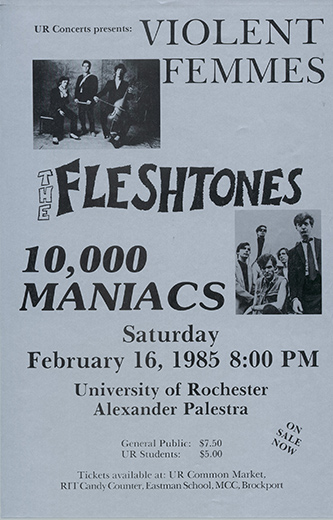 archival concert poster advertising the Fleshtones, 10,000 Maniacs, and the Violent Femmes.