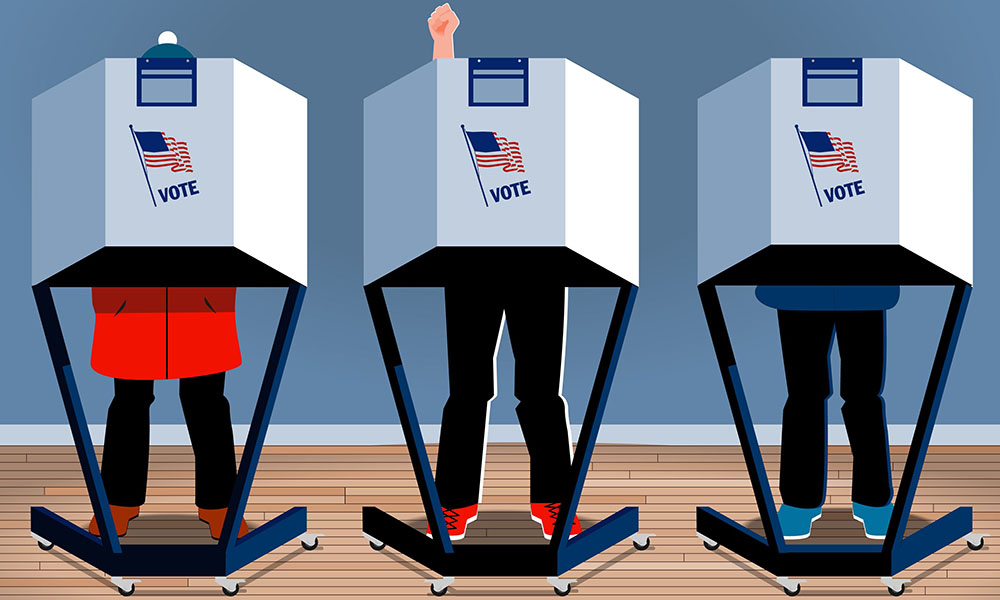 Illustration of three people behind voting booths with one person raising fist.