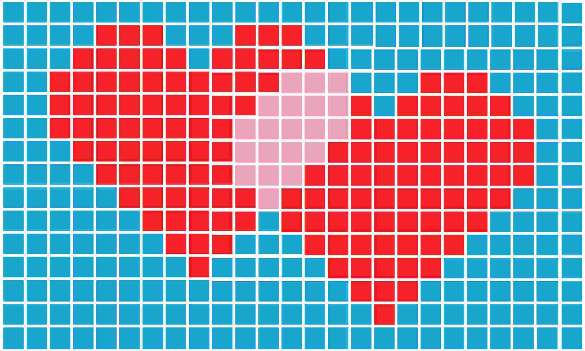 Illustration of online dating showing two hearts overlapping in a pixelated grid pattern.