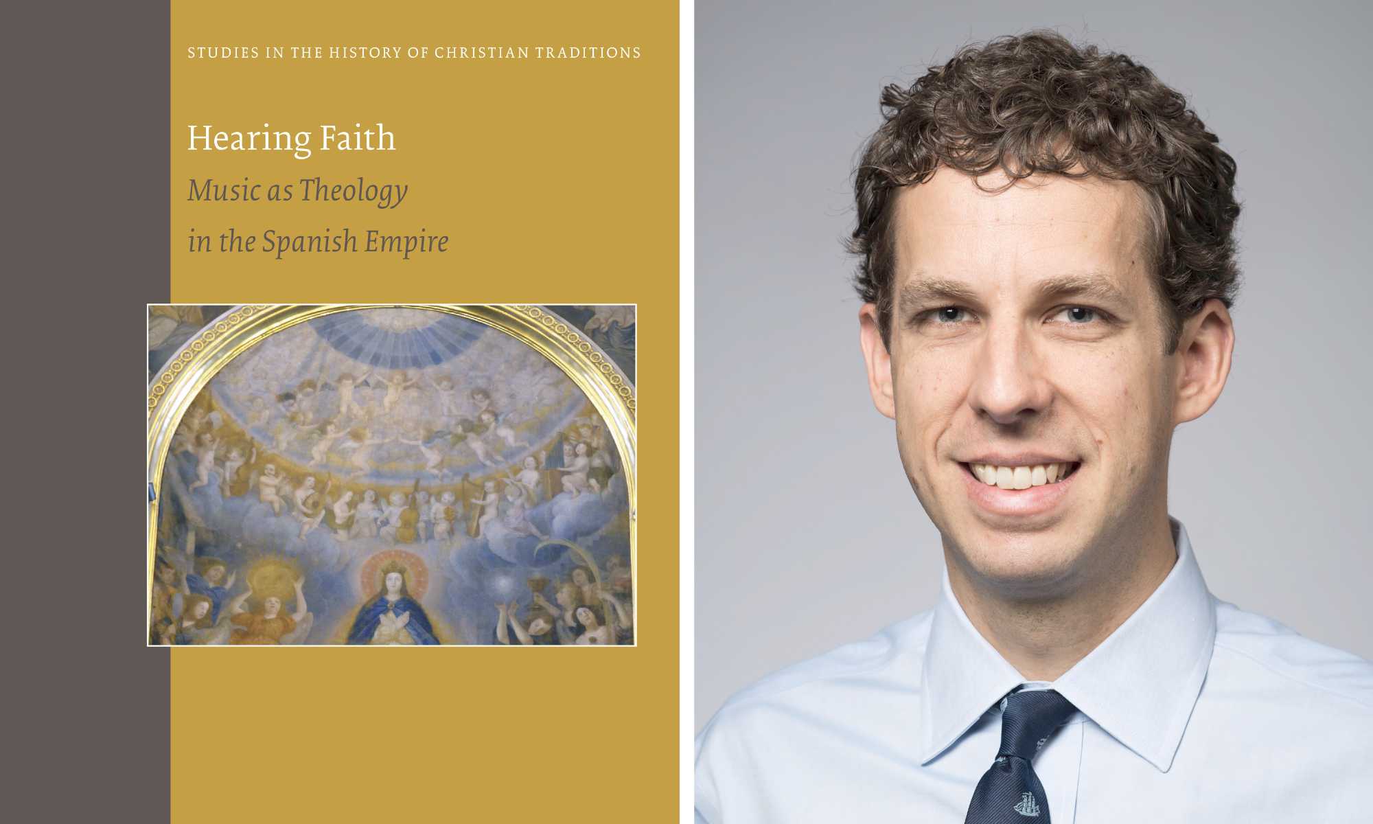 Diptych of "Hearing Faith" book cover art and Andrew Cashner headshot.