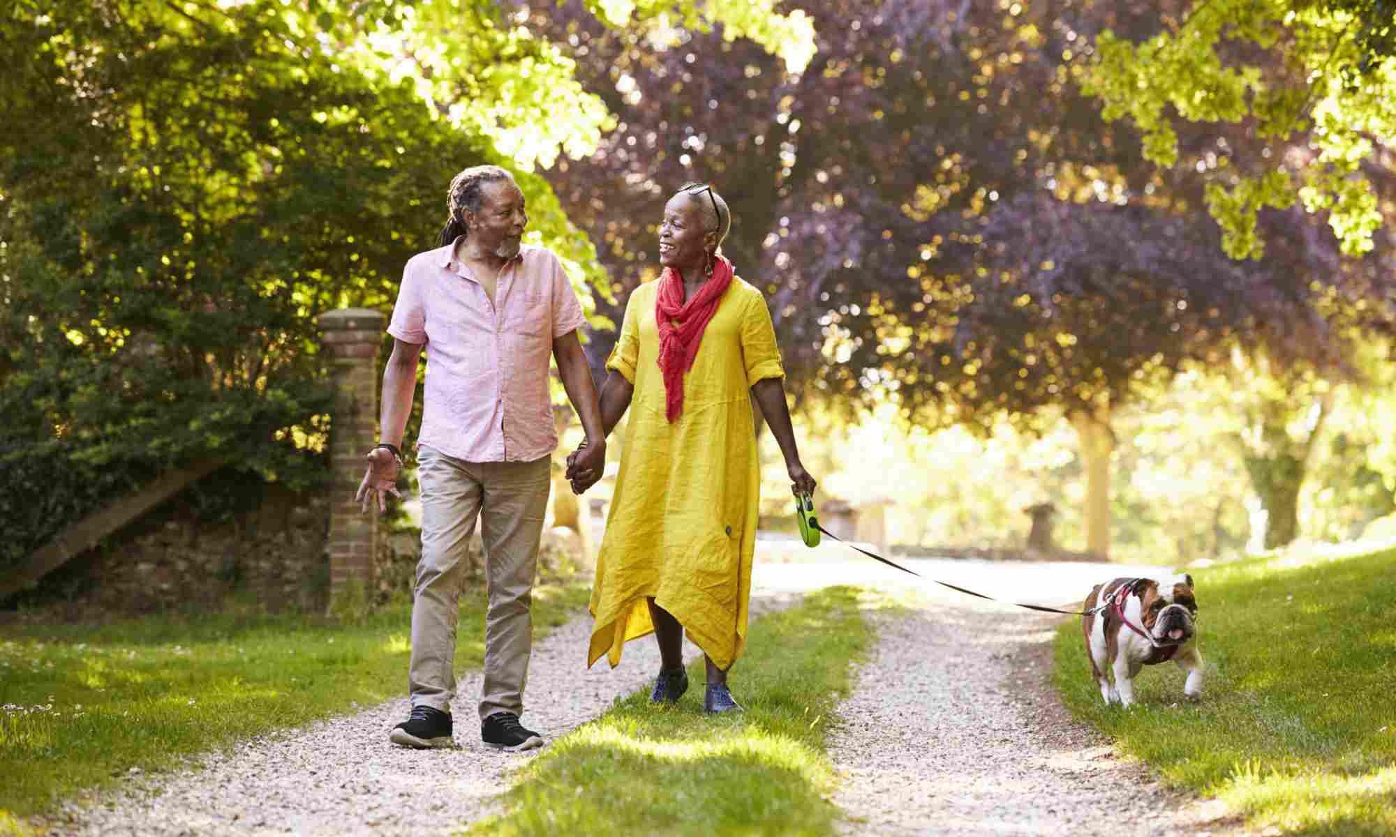 An older couple with a dog smiles and walks along a pathway in the countryside.