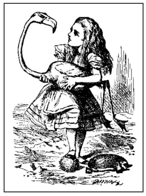 Line drawing from Alice in Wonderland of Alice, one of the Dangerous Children identified by Kenneth Gross in his latest book, holding a flamingo as a croquet mallet with a hedgehog at her feet. 