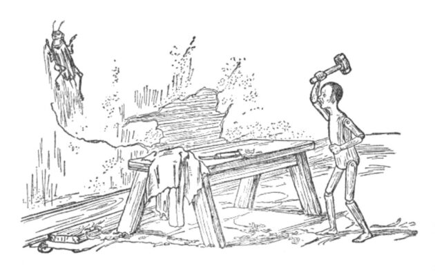 Line drawing of Pinocchio, another of Kenneth Gross's Dangerous Children, throwing a hammer at the talking cricket. 