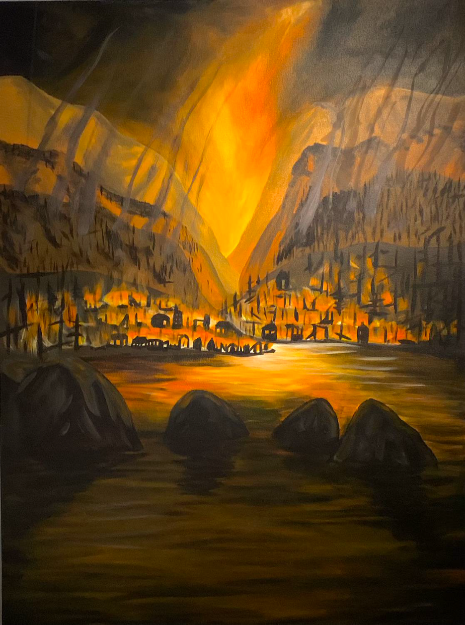 Painting of coastal village with mountains in background brightly lit in orange.