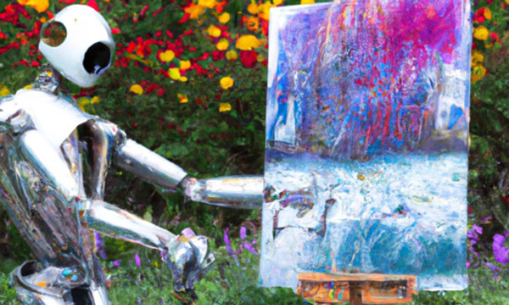 Impressionist style image of a robot painting on an easel.