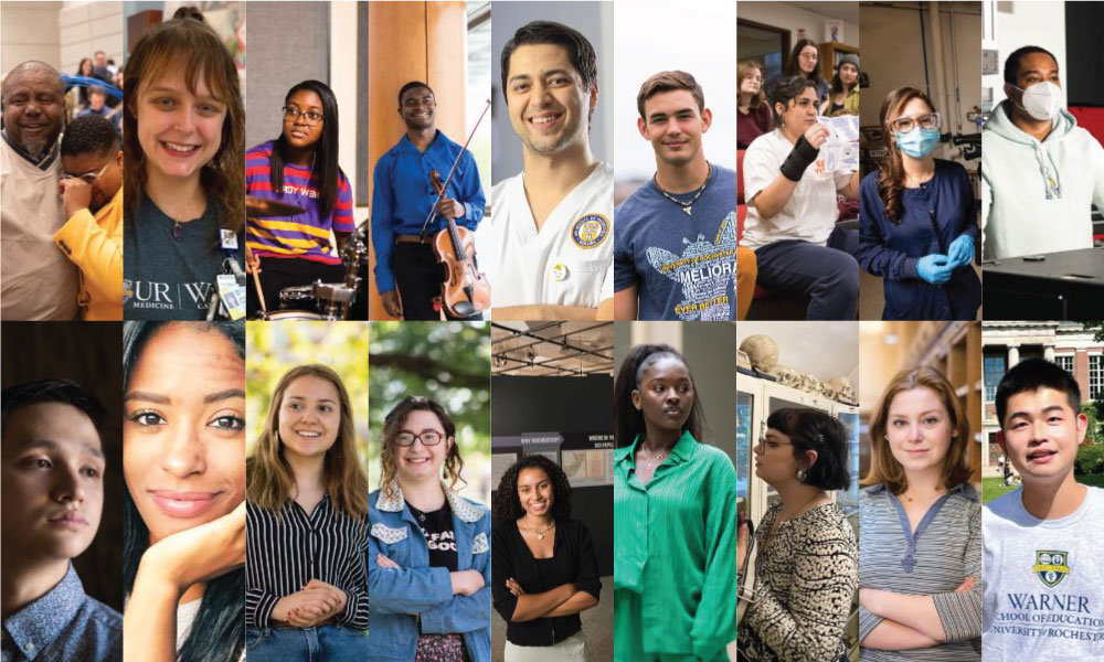 Collage of more than a dozen photos of members of the University of Rochester's Class of 2023.