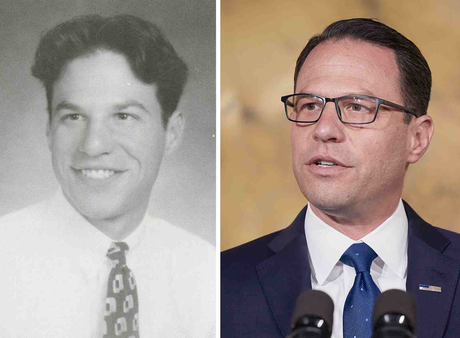 Diptych image of Josh Shapiro's college yearbook photo and of Josh Shapiro as governor. 