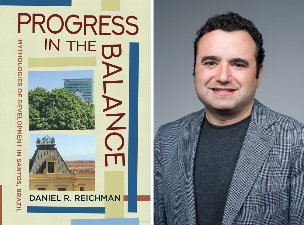 Diptych image featuring book cover art for "Progress in the Balance" and Daniel Reichman's headshot.
