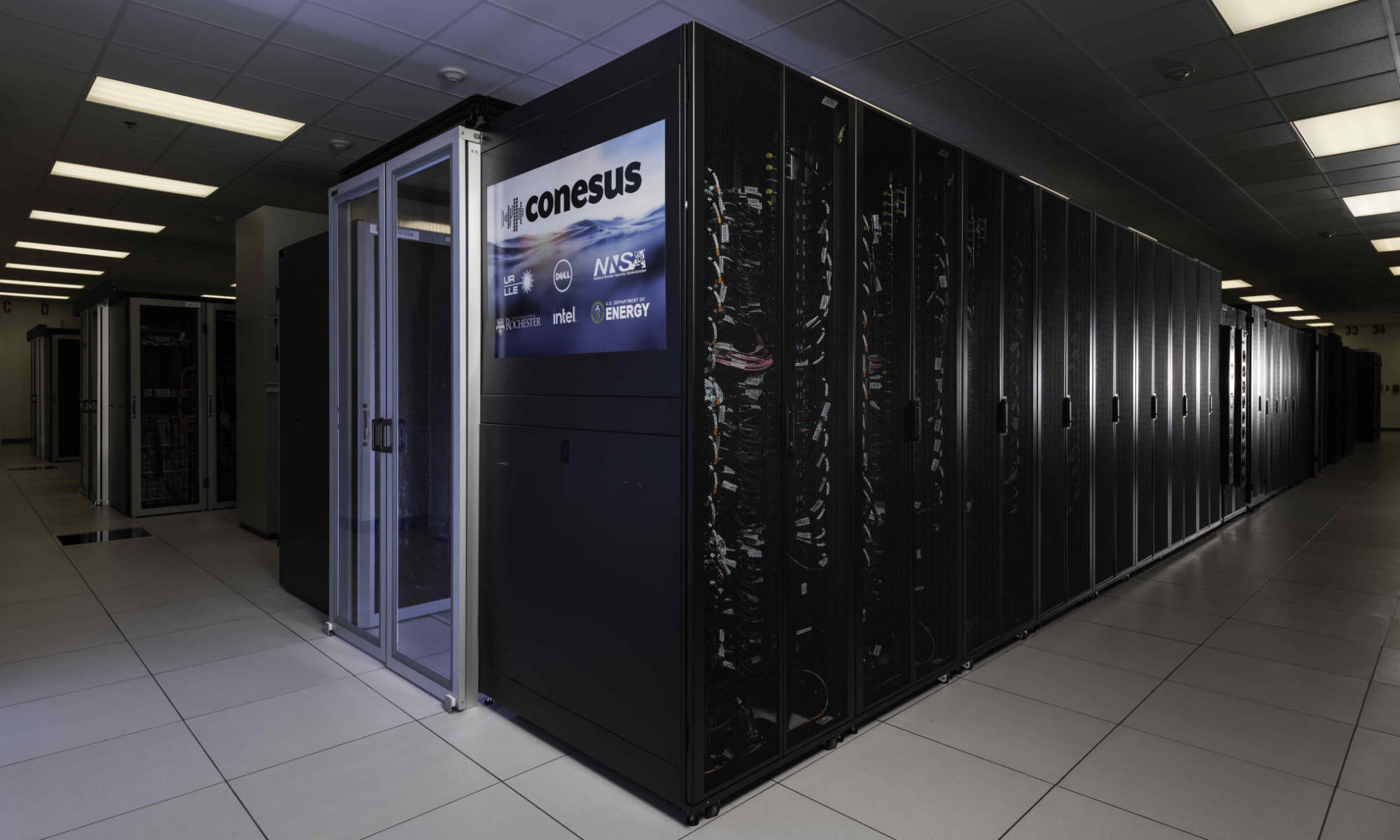 Wide view of the Conesus supercomputer at the University of Rochester.
