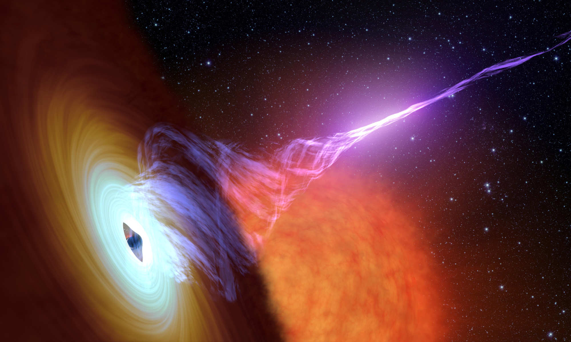 Illustration of a black hole with plasma jets spewing forth.