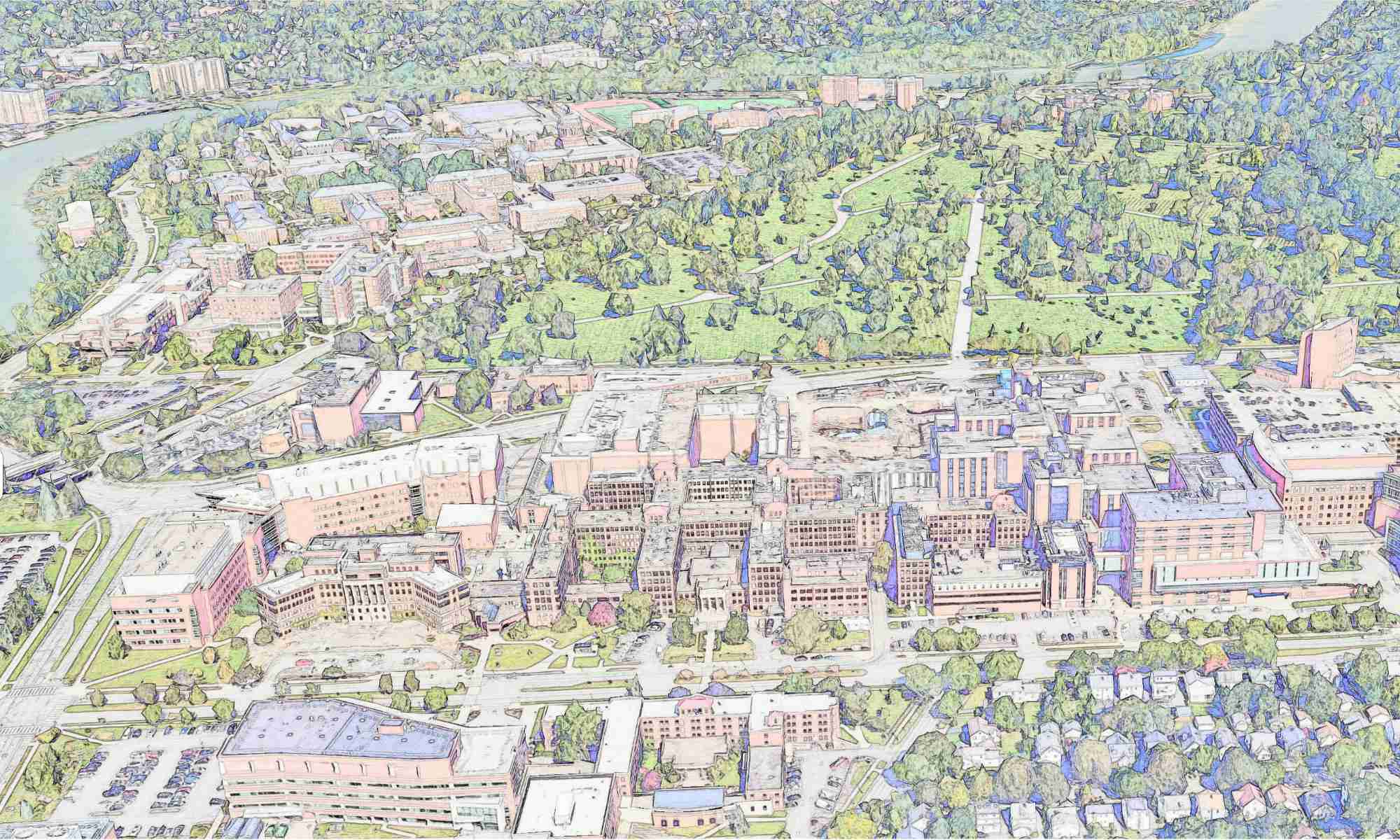 Aerial view of the River Campus and Medical Center Campus that has been posterized to illustrate campus master planning.
