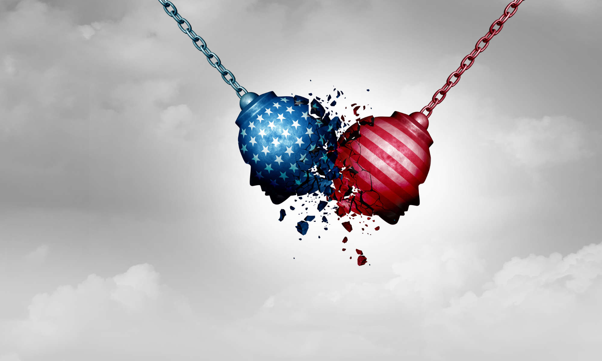Illustration showing two wrecking balls, one blue with stars and one red with stripes, each with a profile of a face, crashing against each other against a gray background to illustrate partisan hostility in American democracy.