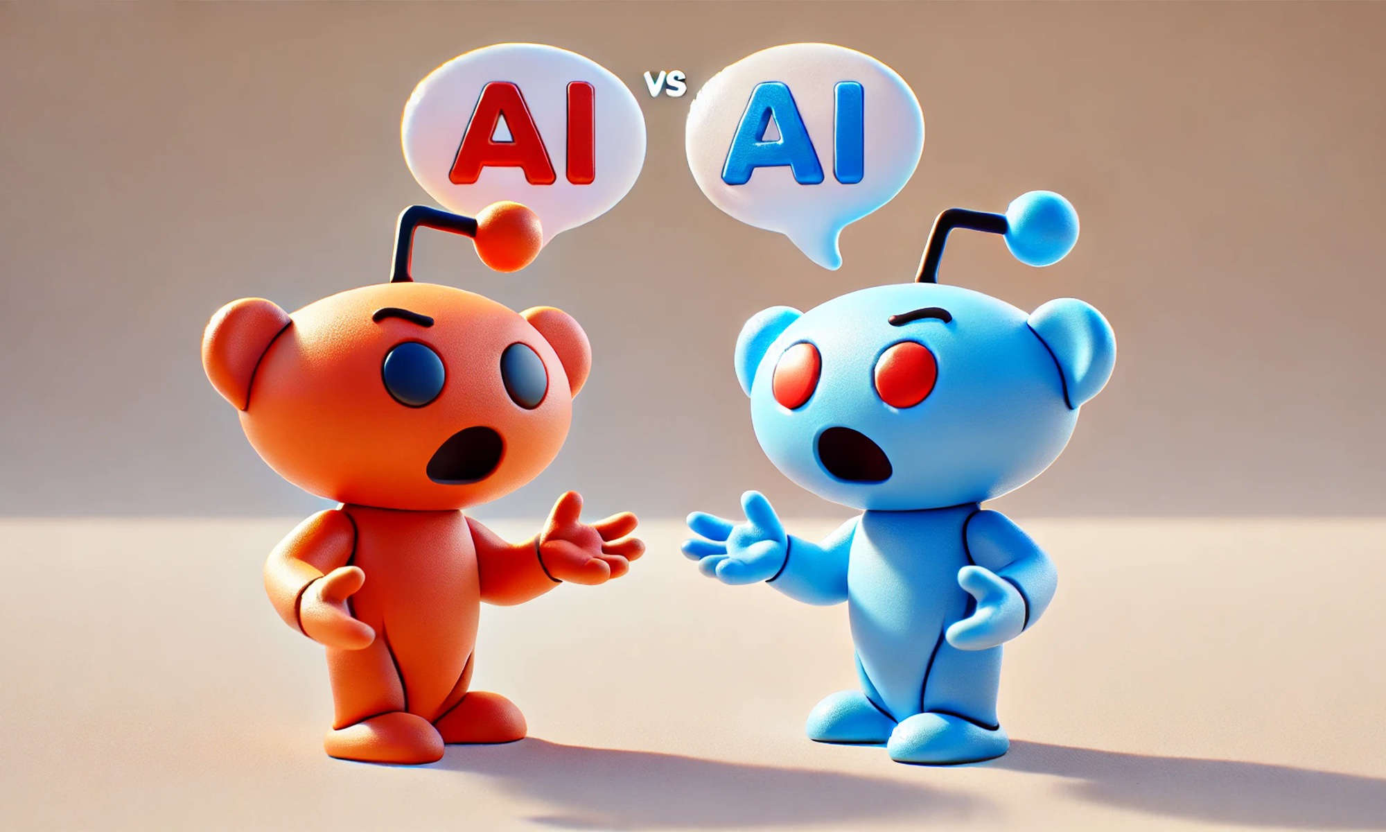 AI-generated image of two Reddit mascots, one red, one blue, arguing about artificial intelligence.