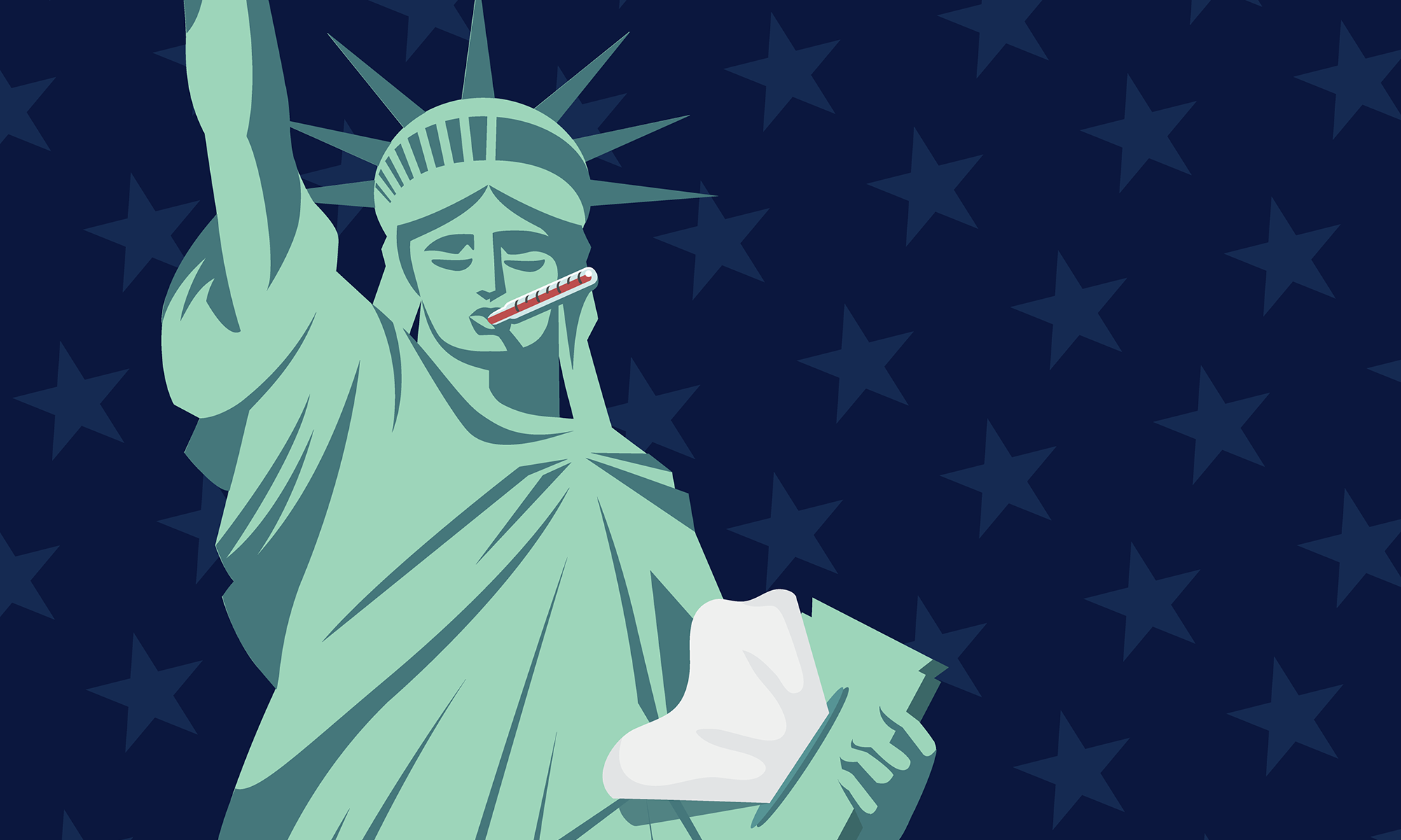 Vector illustration of Lady Liberty with a thermometer in her mouth to show taking the temperature on American democracy.