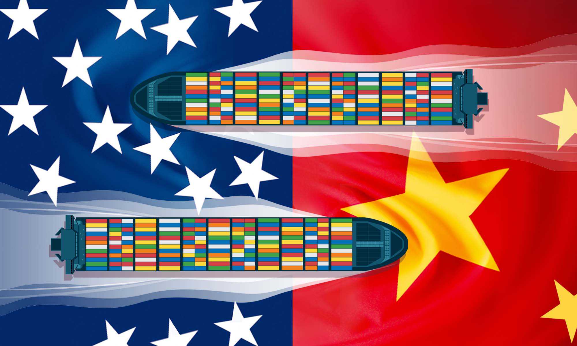 Illustration showing two cargo boats moving in opposite directions against a background that is half white stars against a blue background and half yellow stars against a red background to illustrate the US-China trade war.