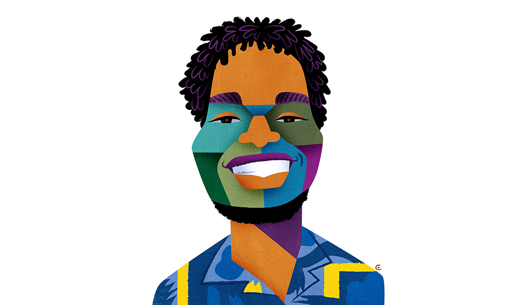 Stylized, colorful illustration from headshot of Kyle Parker.