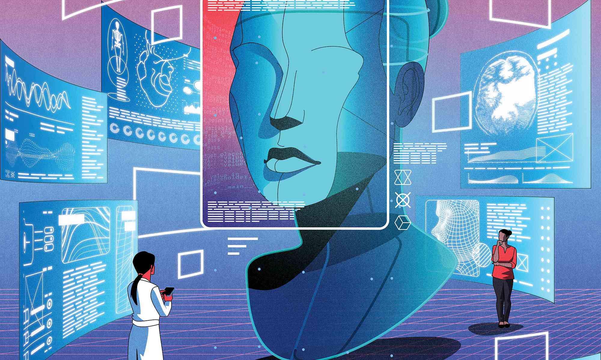 Illustration of AI in medicine showing a person in a white coat and another person looking up at an avatar projection with screens showing information and algorithms in the background.