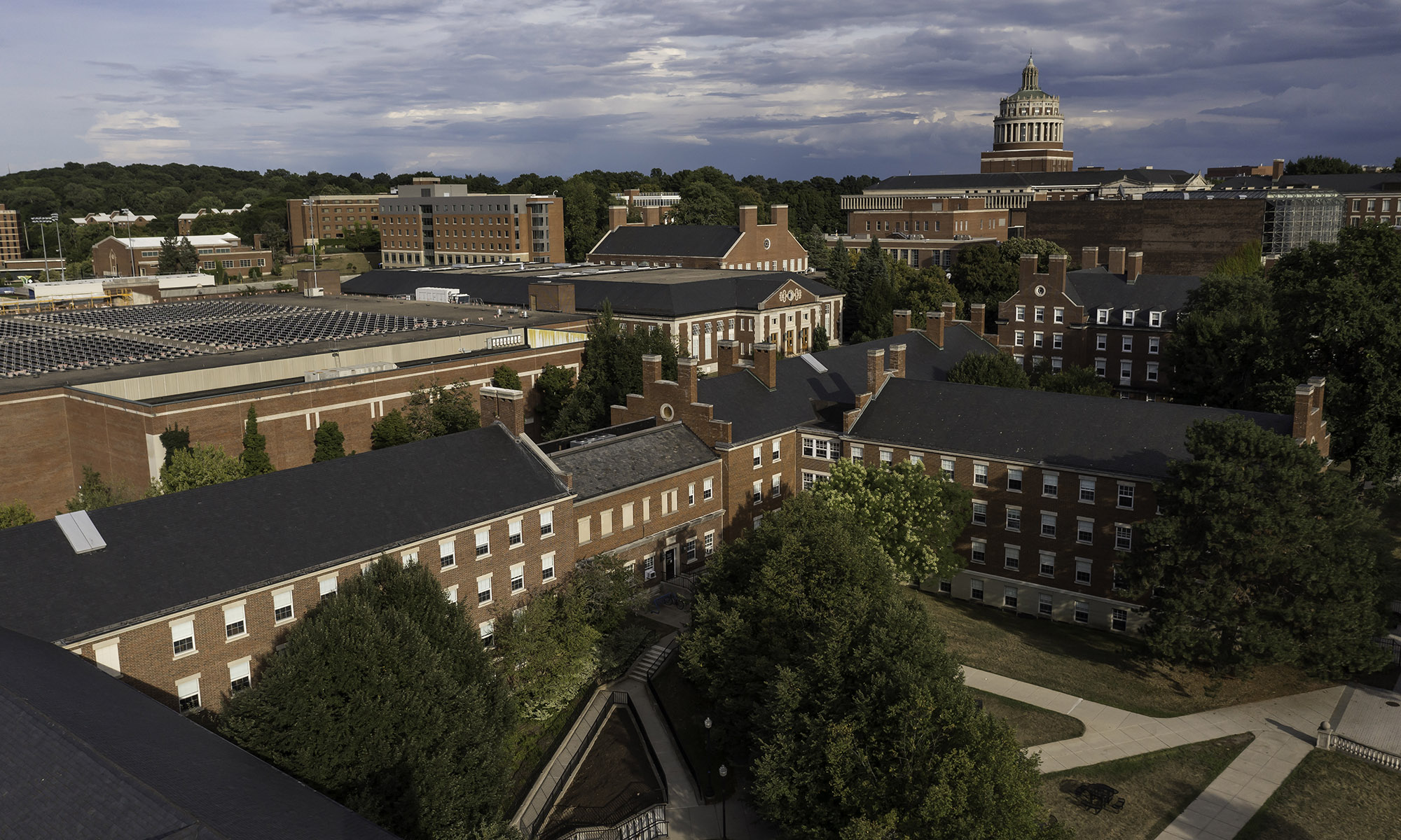 Aerial view of the residential quad area of the University of Rochester.