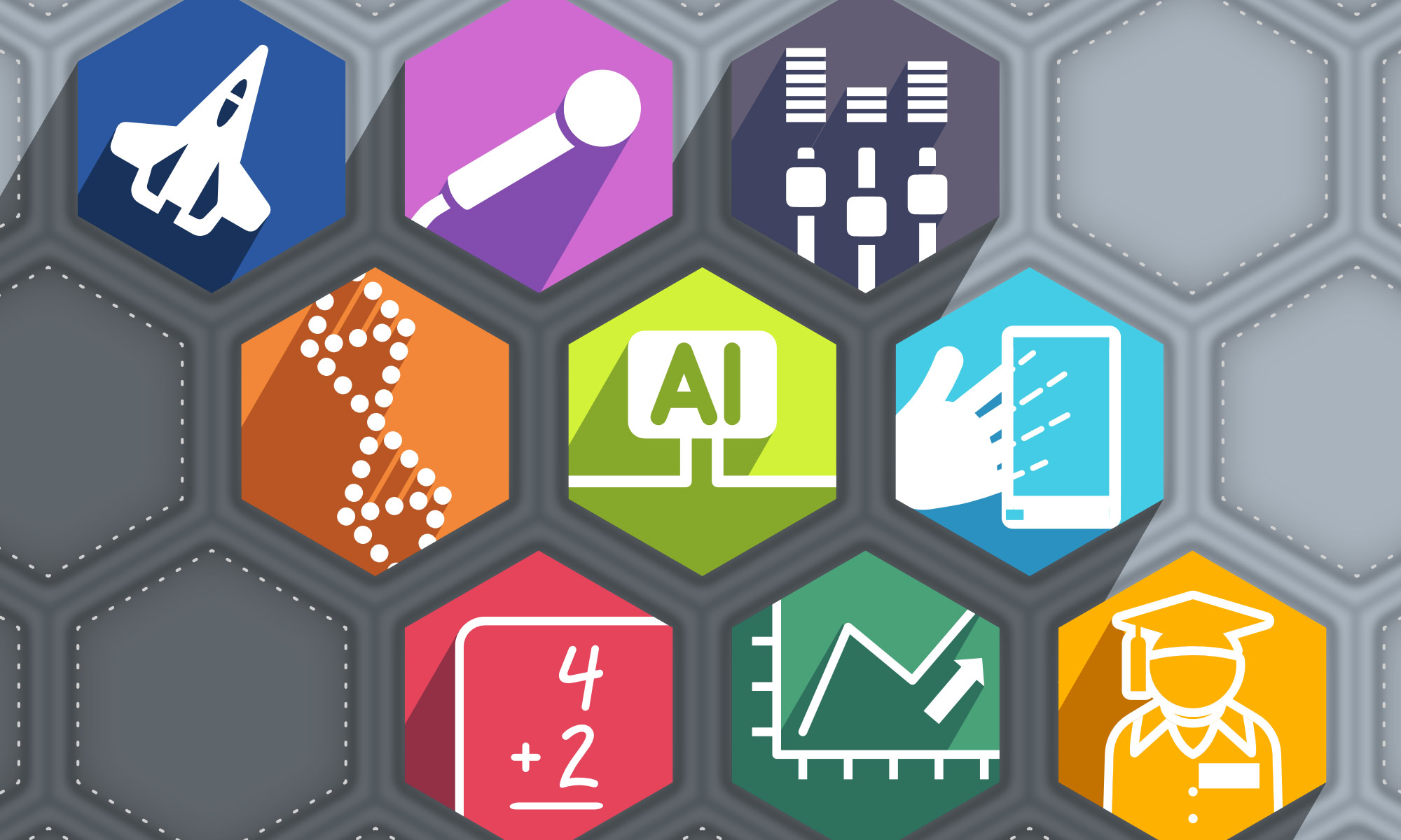 An illustration of several colorful, hexagon shaped icons representing different academic fields like space engineering, music, math, AI, and genetics.