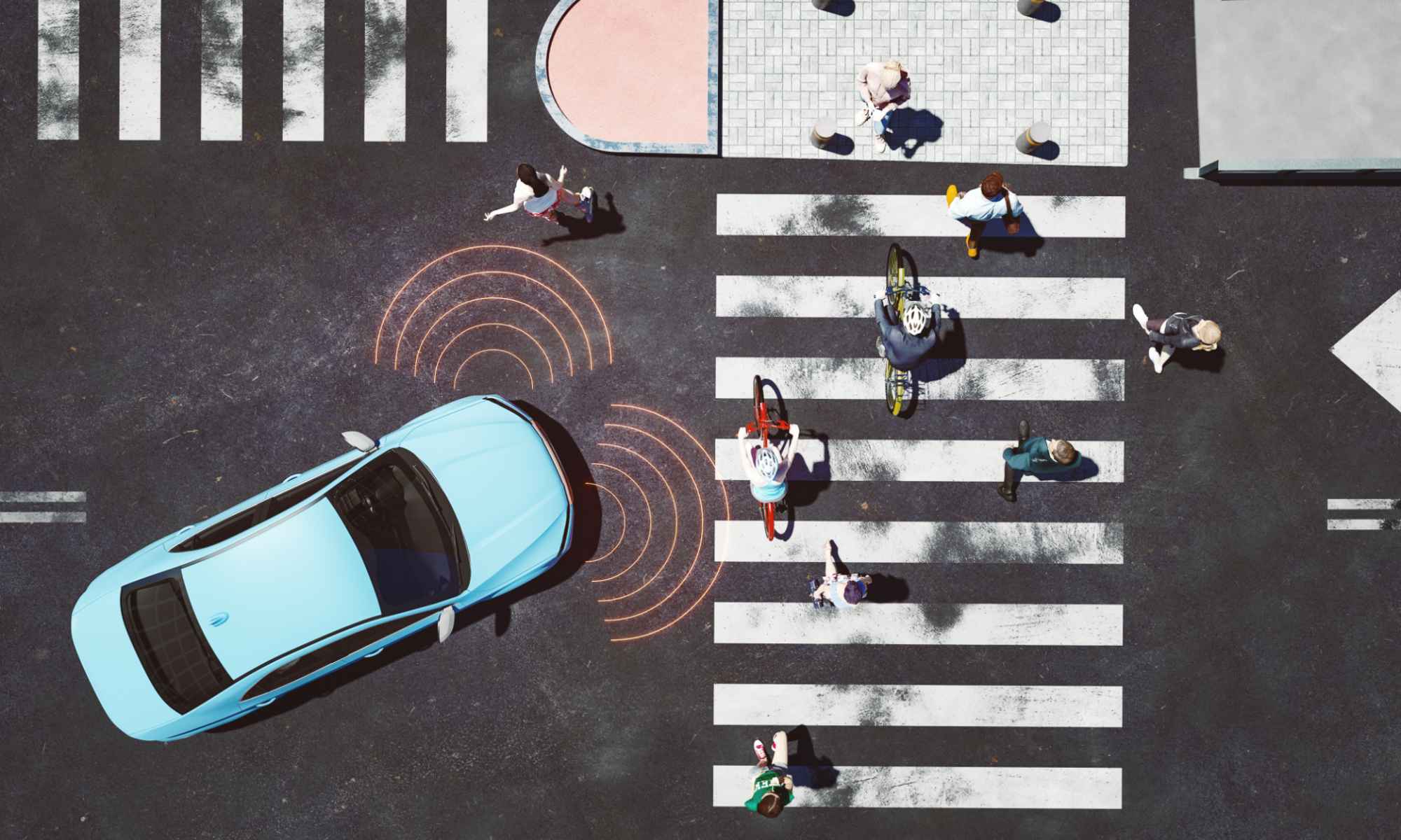 Overhead view of a vehicle with sensors activated while turning into a crosswalk with people to illustrate the concept of improved autonomous machines.