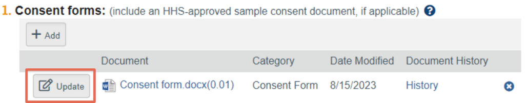 A screenshot of the "update" button highlighted in the Click IRB platform, Consent Forms screen